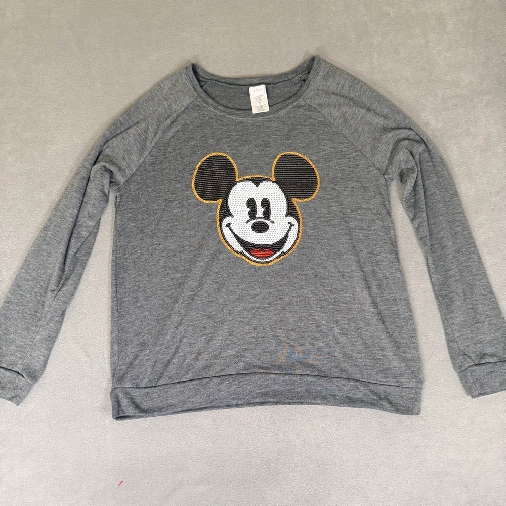 Disney Mickey Mouse Sequin Shirt Long Sleeve Gray Lightweight Knit XXL- NWOT